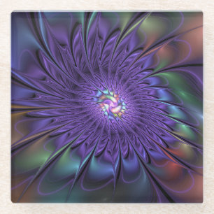 Trendy Colourful Modern Abstract Fractal Flower Glass Coaster