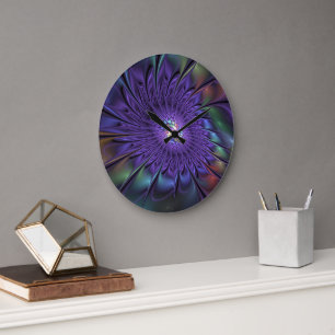 Trendy Colourful Modern Abstract Fractal Flower Large Clock
