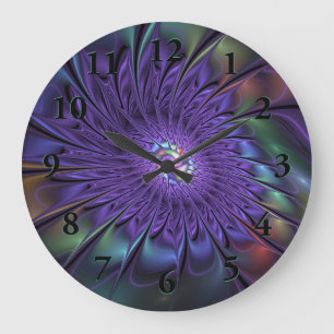 Trendy Colourful Modern Abstract Fractal Flower Large Clock