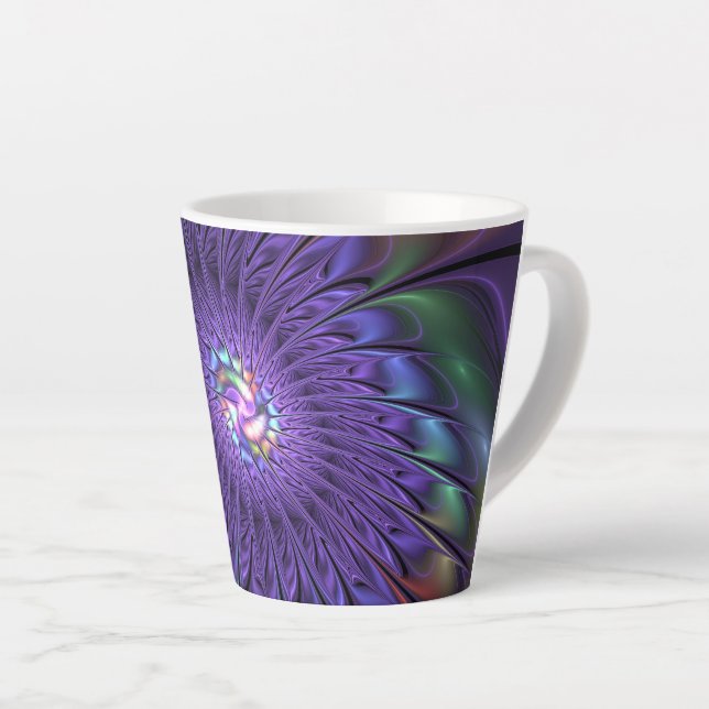 Trendy Colourful Modern Abstract Fractal Flower Latte Mug (Right Angle)