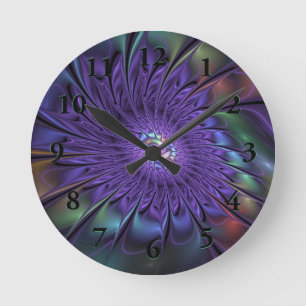 Trendy Colourful Modern Abstract Fractal Flower Round Clock