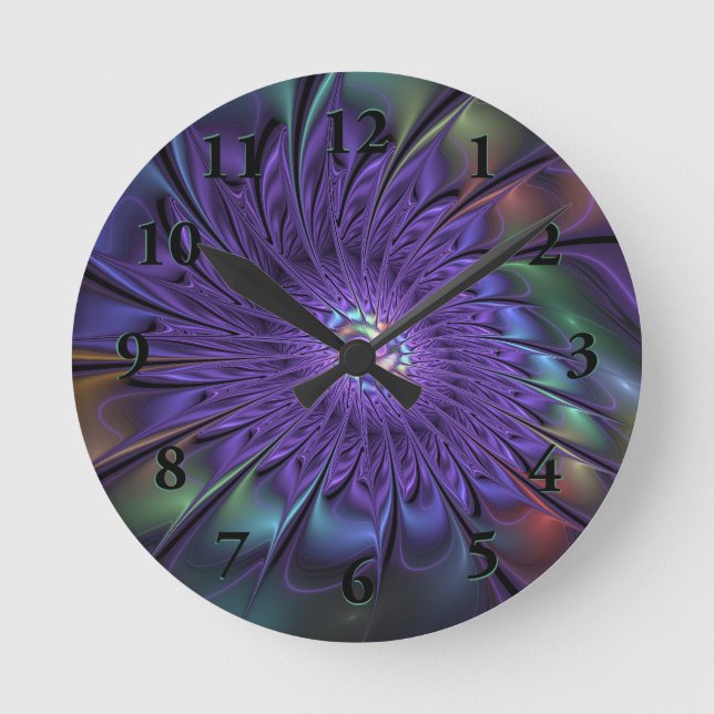 Trendy Colourful Modern Abstract Fractal Flower Round Clock (Front)