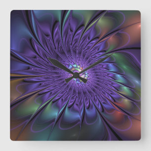 Trendy Colourful Modern Abstract Fractal Flower Square Wall Clock