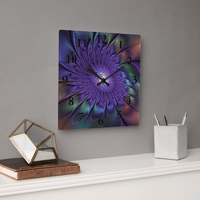 Trendy Colourful Modern Abstract Fractal Flower Square Wall Clock (Office)