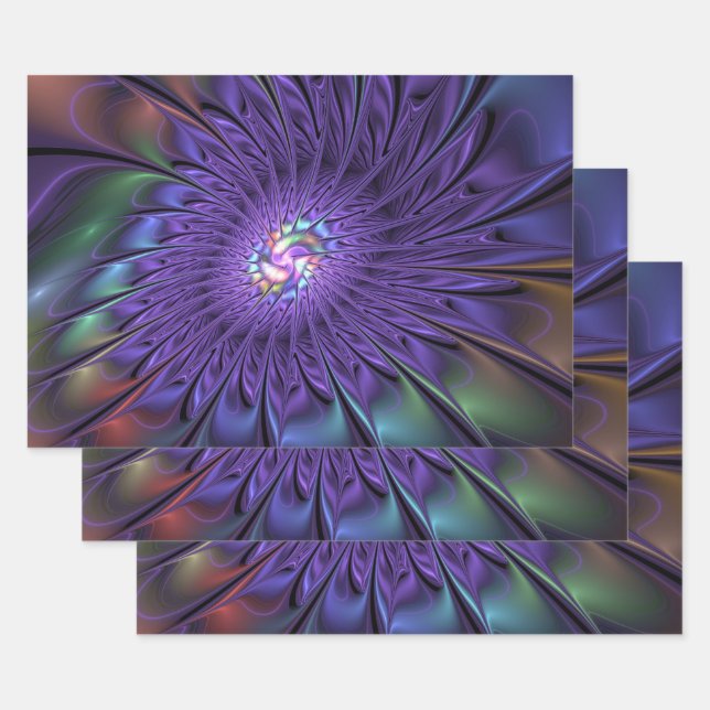 Trendy Colourful Modern Abstract Fractal Flower Wrapping Paper Sheet (Set)