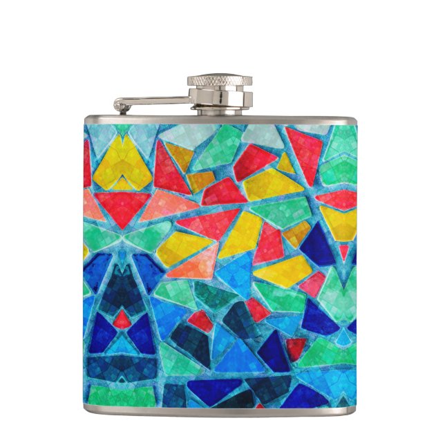 Trendy Colourful Mosaic Abstract Pattern Hip Flask (Front)
