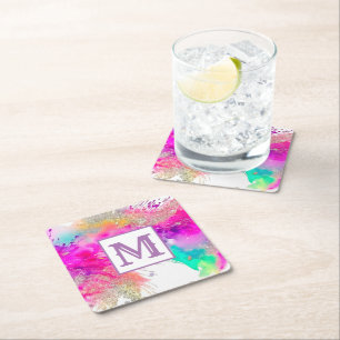 Trendy Colourful Paint Splash Glitter Monogram Square Paper Coaster