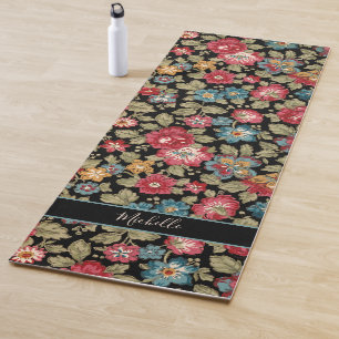 Trendy Colourful Personalised Boho Floral-Black BG Yoga Mat