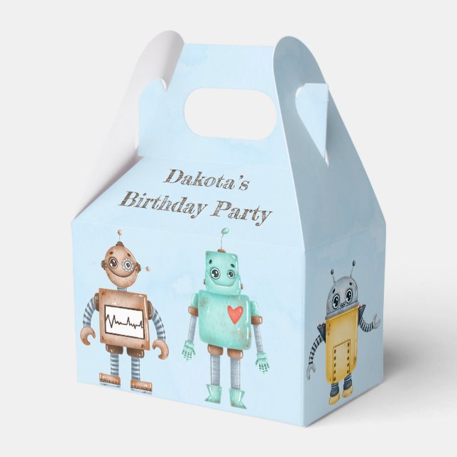 Trendy Colourful Robots Boy Birthday Party Favour Box (Front Side)