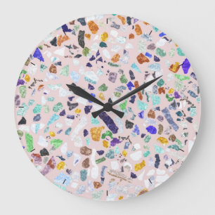 Trendy Colourful Shiny Stones Terrazzo Pink Design Large Clock