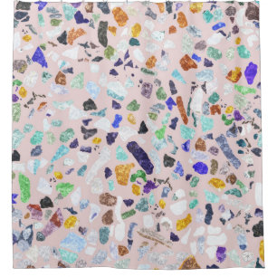 Trendy Colourful Shiny Stones Terrazzo Pink Design Shower Curtain