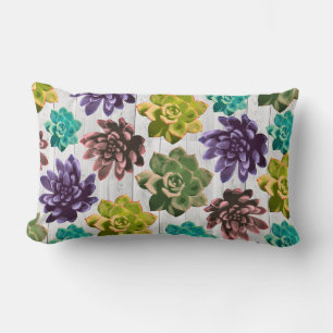 Trendy Colourful Succulents & White Wood Planks Lumbar Cushion