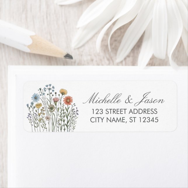Trendy Colourful Wildflower Wedding Return Address Label (Insitu)