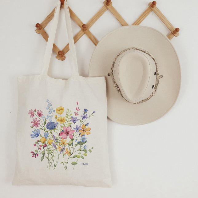 Trendy Colourful Wildflowers with Monogram Tote Bag (A trendy, boho tote bag she'll love. A bouquet of colorful wildflowers with her monogram or initials)