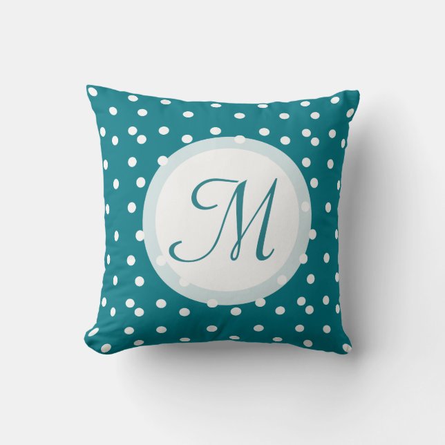 Trendy Confetti Dots Monogrammed Bluish Green Cushion (Front)