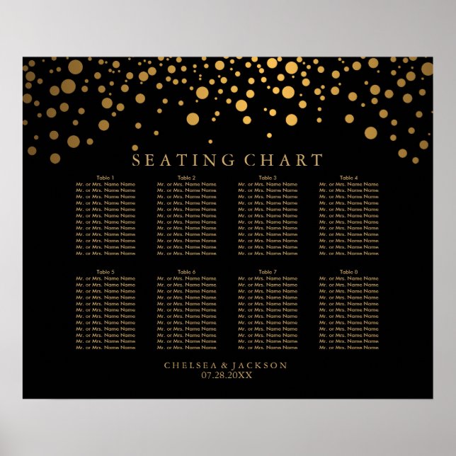 Trendy Confetti Golden Dots on Black Seating Chart (Front)
