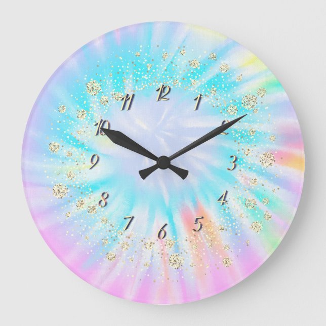  Trendy Confetti Rainbow Tie Dye Large Clock (Front)