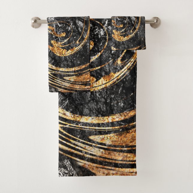 Trendy Cool Black Gold Marble Pattern Bath Towel Set (Insitu)