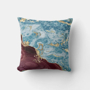 Trendy Cool Blue Burgundy Marble Stone Texture  Cushion