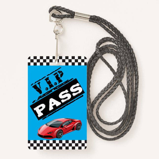 Trendy Cool Blue Race Car Birthday VIP Passes ID Badge (Front with Lanyard)