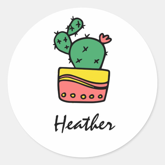 Trendy cool cactus personalised name template classic round sticker (Front)
