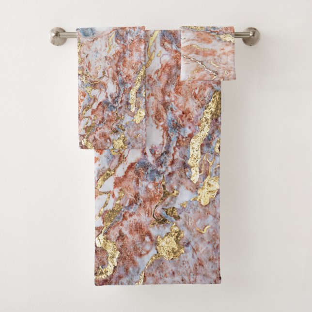 Trendy Cool Colourful Gold Marble Pattern Bath Towel Set (Insitu)