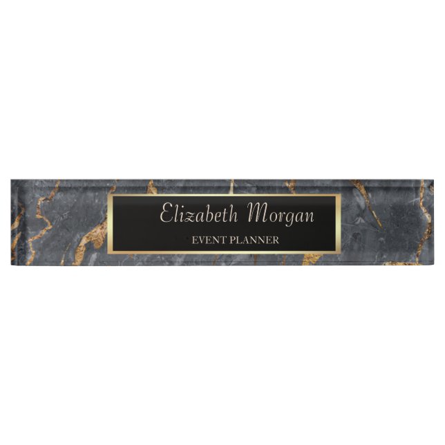 Trendy Cool Grey Gold Marble Stone Nameplate (Front)