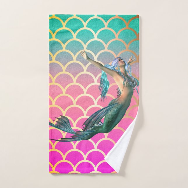 Trendy Cool Mermaid On Mermaid Tail Scales Bath Towel Set (Hand Towel)