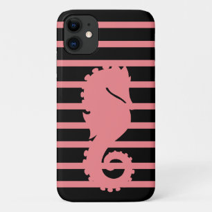 Trendy Cool Pink Seahorse Pink Stripe Black Unique iPhone 11 Case