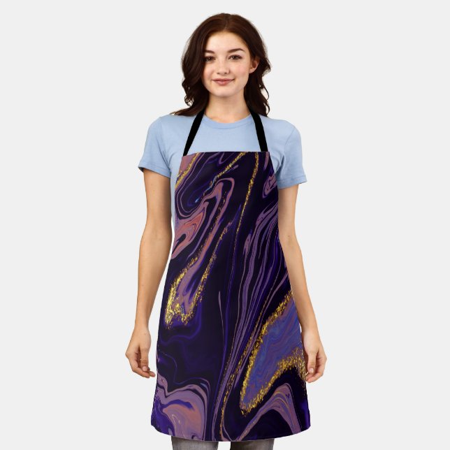 Trendy Cool Violet Gold Marble Pattern Apron (Worn)
