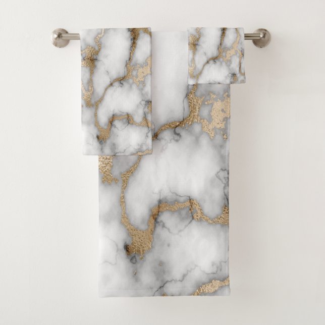 Trendy Cool White Gold Marble Pattern Bath Towel Set (Insitu)