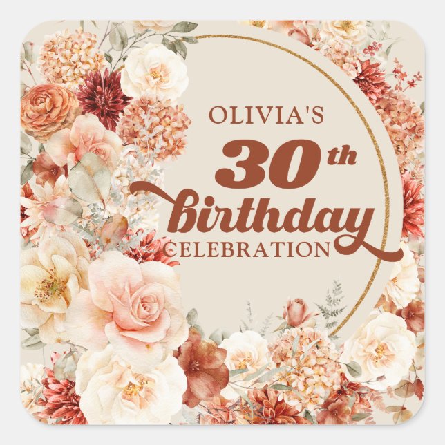 Trendy copper blush burgundy floral 30th birthday square sticker (Front)