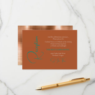 Trendy Copper Foil & Teal Text Wedding Reception Enclosure Card
