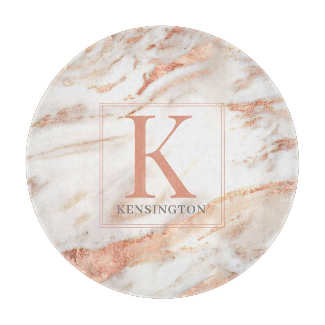 Trendy Copper Rose Gold Metallic Marble Monogram Cutting Board (Front)