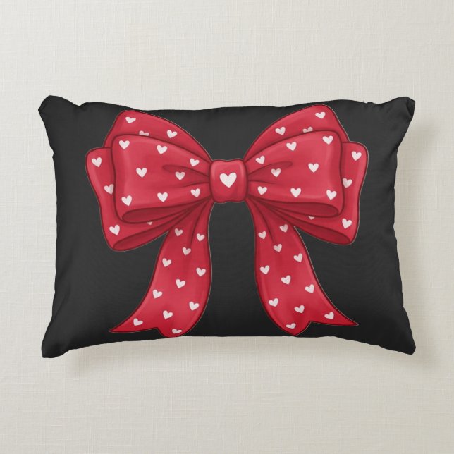 Trendy Coquette Red Ribbon Bow with White Hearts Decorative Cushion (Front)