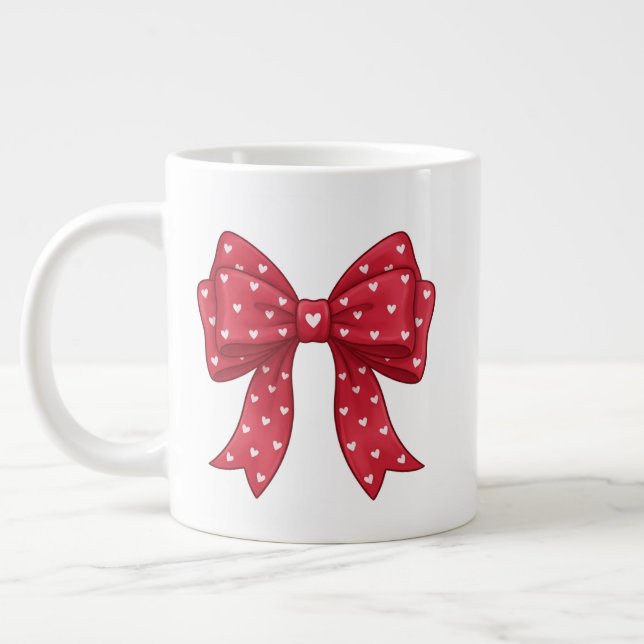 Trendy Coquette Red Ribbon Bow with White Hearts Large Coffee Mug (Left)