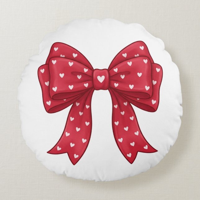 Trendy Coquette Red Ribbon Bow with White Hearts Round Cushion (Front)
