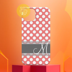 Trendy Coral and Grey Polka Dot Pattern Monogram iPhone 15 Case