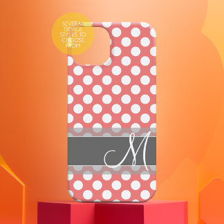 Trendy Coral and Grey Polka Dot Pattern Monogram iPhone 15 Case