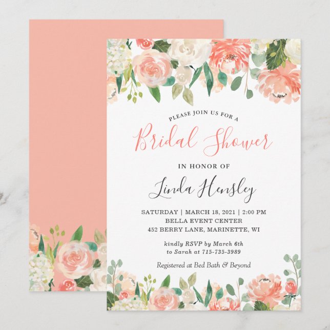Trendy Coral and Peach Floral Bridal Shower Invitation (Front/Back)