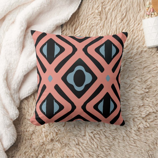 Trendy Coral Blue and Black Tribal Pattern Cushion (Blanket)