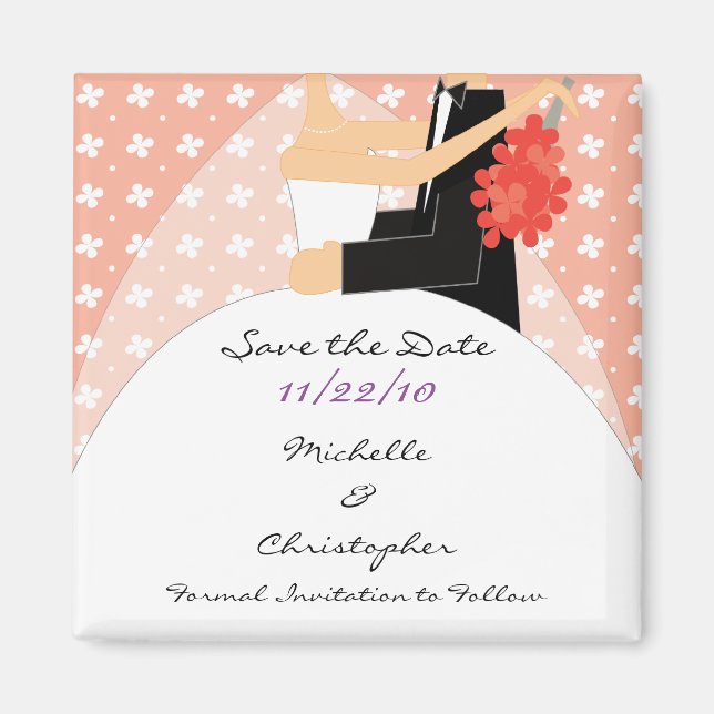 Trendy Coral Bride & Groom Save The Date Magnet (Front)