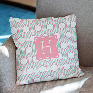 Trendy Coral Honeycomb Pattern Monogram Cushion
