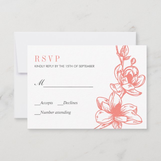 Trendy Coral Magnolia Flowers Bloom | Wedding RSVP Card (Front)