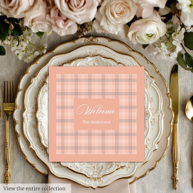 Trendy Coral Napkins Personalised Plaid Table Set (Trendy Coral Napkins Personalized Plaid Table Set)