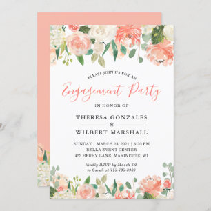Trendy Coral Peach Floral Engagement Party Invitation