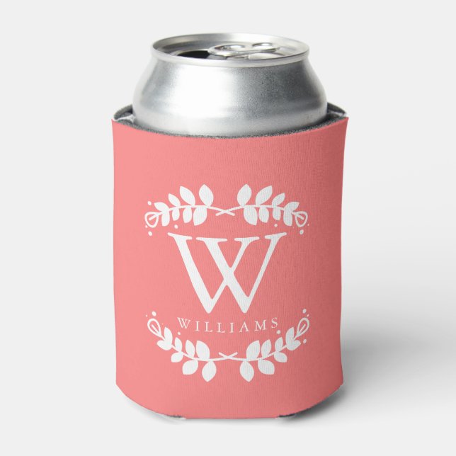 Trendy Coral Pink Monogram Can Cooler (Can Front)