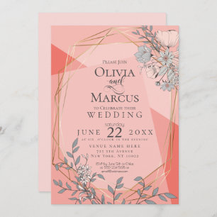 Trendy Coral Wedding Floral Geometric Gold Frame Invitation