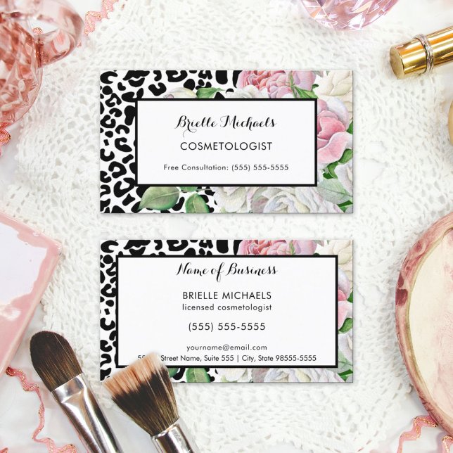 Trendy Cosmetologist Leopard Print Pink Floral Business Card (Trendy Cosmetologist Leopard Print Pink Floral Business Cards)