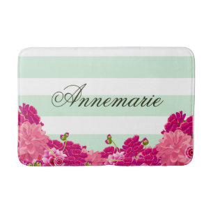 Trendy Country Chic Pink Floral Bouquet Stripes Bath Mat